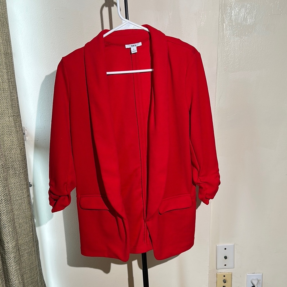 Bar III Blazer Womens S Red Open Front Ruched Sleeve Power Chic Modern